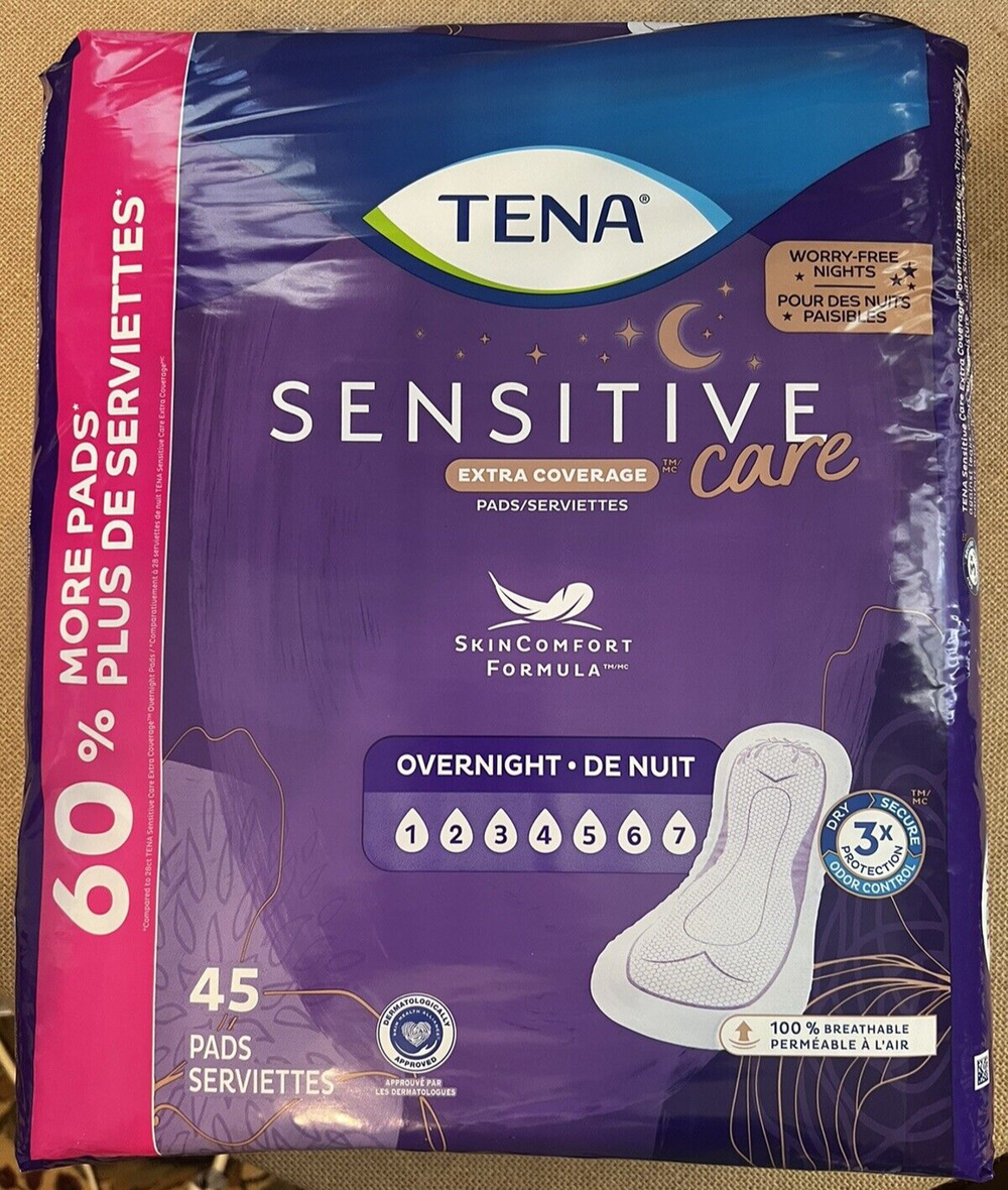 Tena Sensitive Care Extra Coverage Overnight Incontinence Pads, 45 Count NEW